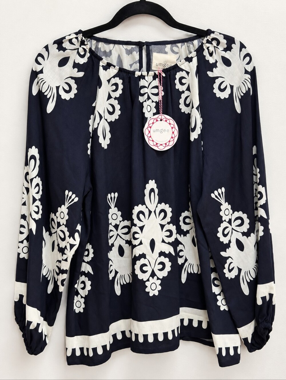 Umgee Navy & Ivory Boho Print Long Sleeve Blouse – Small NWT